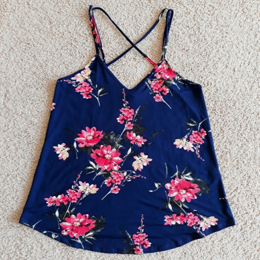 Papermoon Basima Back Detail Knit Tank Top Blue with Floral Print XS